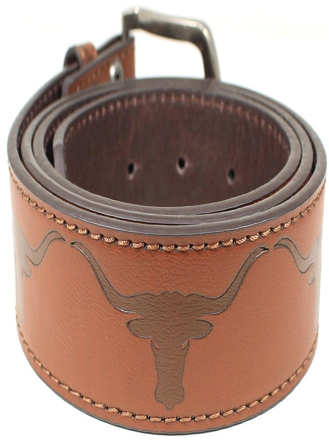 BC Belts حزام من جلد ثور لونغ هورن من بي سي بيلتس مع مشبك معدني بعرض 1.5 بوصة مزود بأزرار كبس - قرن ثور غربي (بني - مقاس كبير) - Image 1